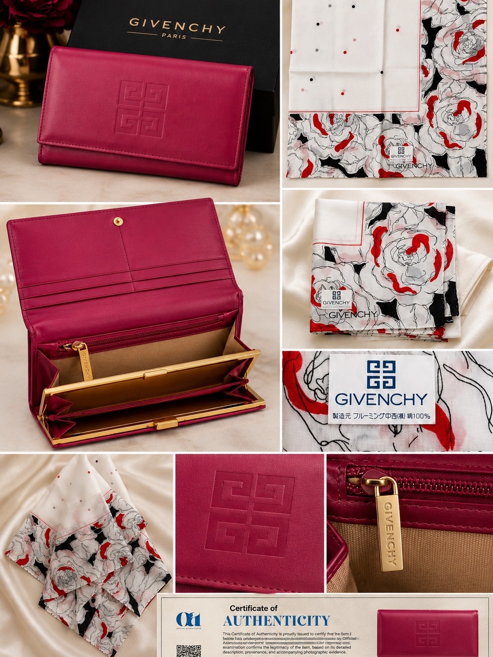 Authentic Givenchy Burgundy Leather Wallet, COA Floral Givenchy Silk Handkerchip